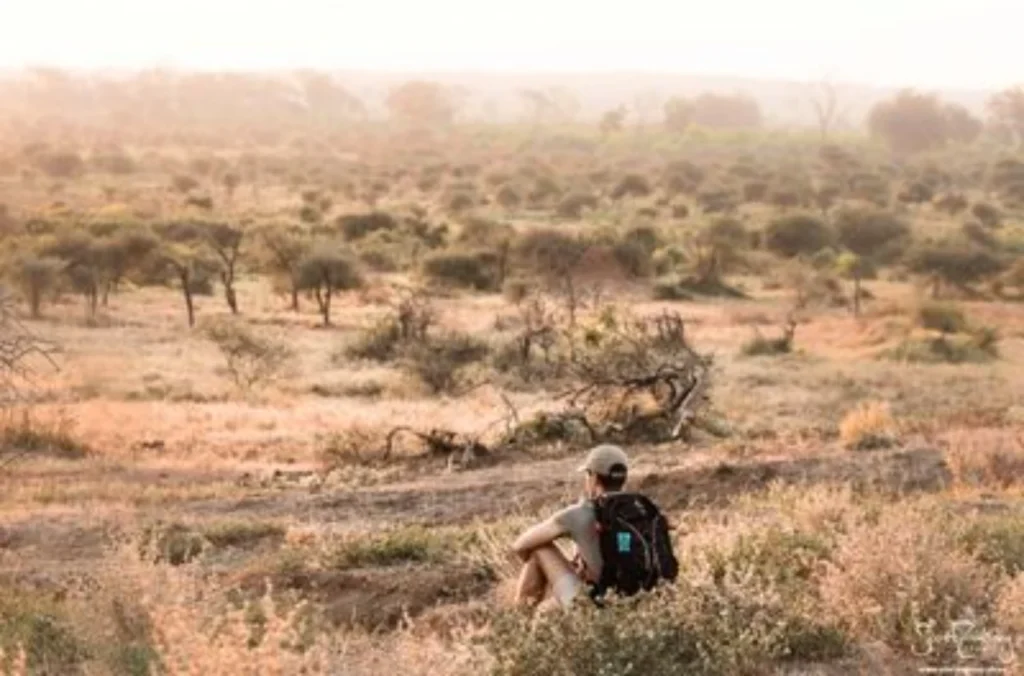 Photo of me sitting quietly in the natural African landscape of the Makuleke Concession, Northern Kruger National Park, surrounded by native trees and grass under a clear sky.